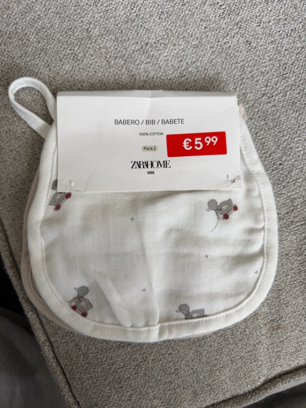 Zara Home Kids Cotton Baby Bibs - White with Grey & Red Accents